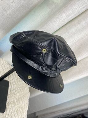 Vintage 70s Byrnes & Baker Black Genuine Leather Newsboy Cabbie Hat Large